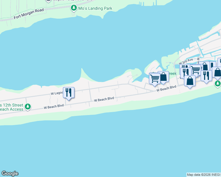 map of restaurants, bars, coffee shops, grocery stores, and more near 1025 West Lagoon Avenue in Gulf Shores