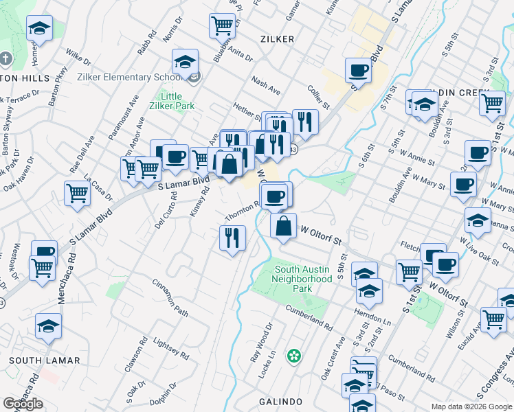 map of restaurants, bars, coffee shops, grocery stores, and more near 2107 Thornton Road in Austin