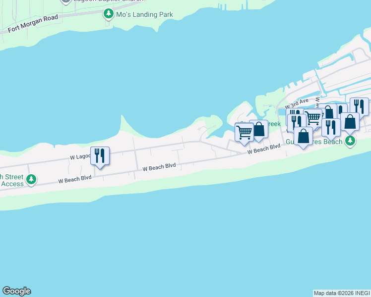map of restaurants, bars, coffee shops, grocery stores, and more near 116 West 9th Street in Gulf Shores