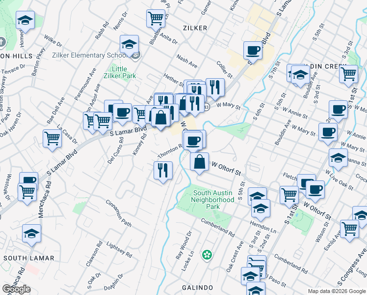 map of restaurants, bars, coffee shops, grocery stores, and more near 2105 Thornton Road in Austin