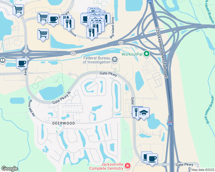 map of restaurants, bars, coffee shops, grocery stores, and more near 7484 Scarlet Ibis Lane in Jacksonville