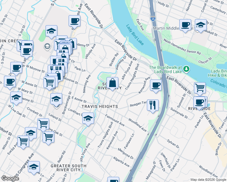 map of restaurants, bars, coffee shops, grocery stores, and more near 1500 Alta Vista Avenue in Austin