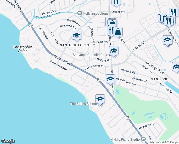 map of restaurants, bars, coffee shops, grocery stores, and more near 7245 San Jose Boulevard in Jacksonville