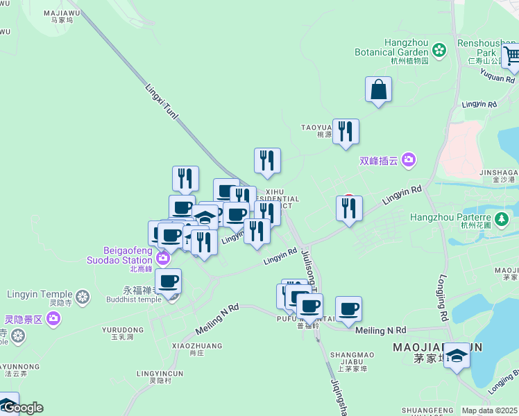 map of restaurants, bars, coffee shops, grocery stores, and more near 15 天竺路 in 杭州市