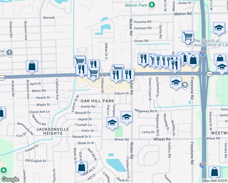 map of restaurants, bars, coffee shops, grocery stores, and more near 7715 Falcon Street in Jacksonville