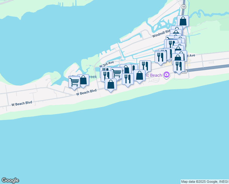 map of restaurants, bars, coffee shops, grocery stores, and more near 533 West Beach Boulevard in Gulf Shores