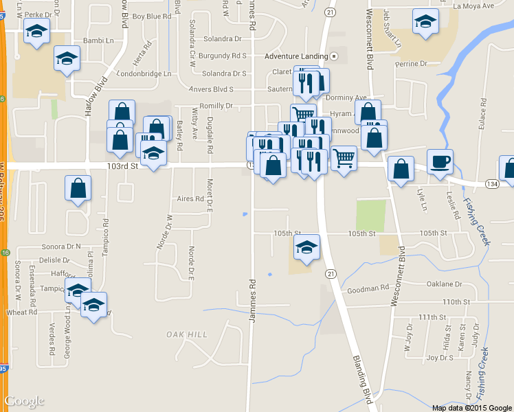 map of restaurants, bars, coffee shops, grocery stores, and more near 5573 Jammes Road in Jacksonville