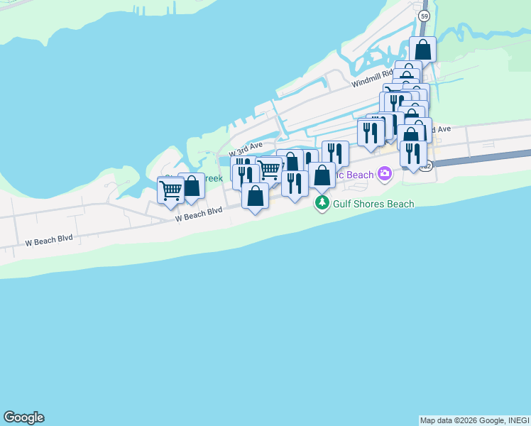 map of restaurants, bars, coffee shops, grocery stores, and more near 533 West Beach Boulevard in Gulf Shores