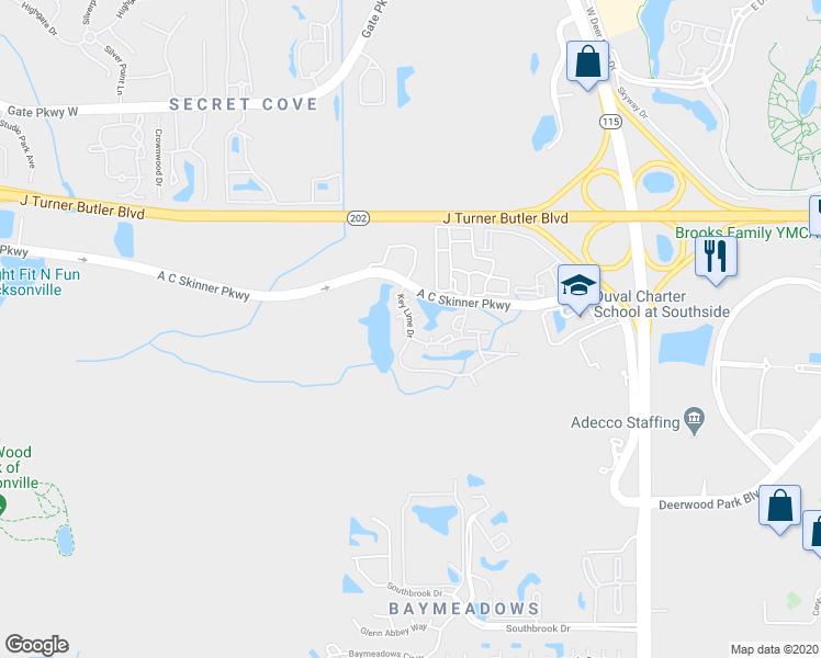 map of restaurants, bars, coffee shops, grocery stores, and more near Key Lime Drive in Jacksonville