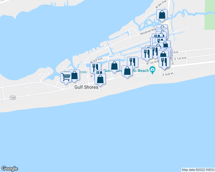 map of restaurants, bars, coffee shops, grocery stores, and more near 621 West Beach Boulevard in Gulf Shores