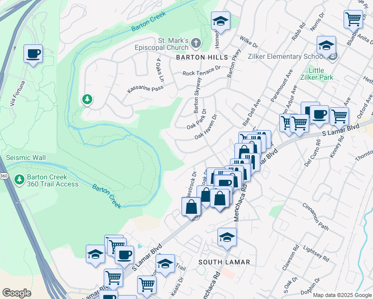 map of restaurants, bars, coffee shops, grocery stores, and more near 3006 Rae Dell Ave in Austin