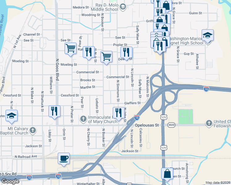 map of restaurants, bars, coffee shops, grocery stores, and more near in Lake Charles