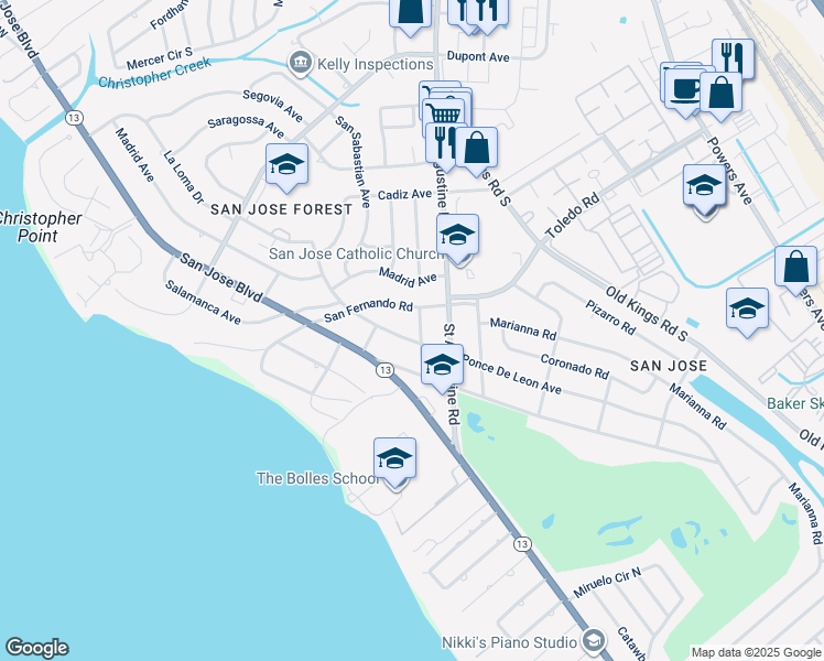 map of restaurants, bars, coffee shops, grocery stores, and more near 3347 Ponce De Leon Avenue in Jacksonville