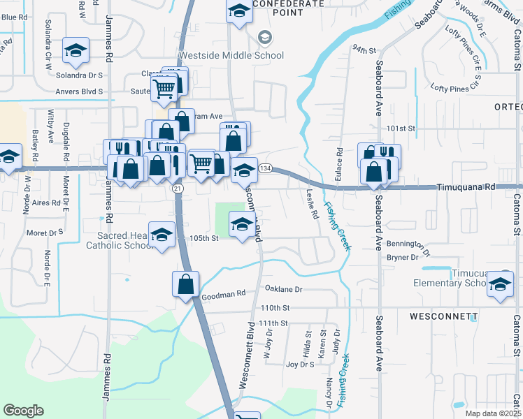 map of restaurants, bars, coffee shops, grocery stores, and more near 5535 Wesconnett Boulevard in Jacksonville