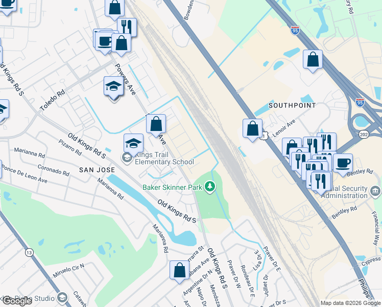 map of restaurants, bars, coffee shops, grocery stores, and more near 7500 Powers Ave in Jacksonville