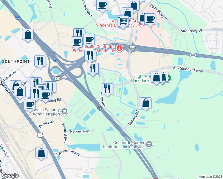 map of restaurants, bars, coffee shops, grocery stores, and more near 6898 A C Skinner Parkway in Jacksonville