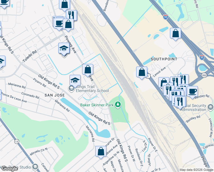 map of restaurants, bars, coffee shops, grocery stores, and more near 7500 Powers Ave in Jacksonville