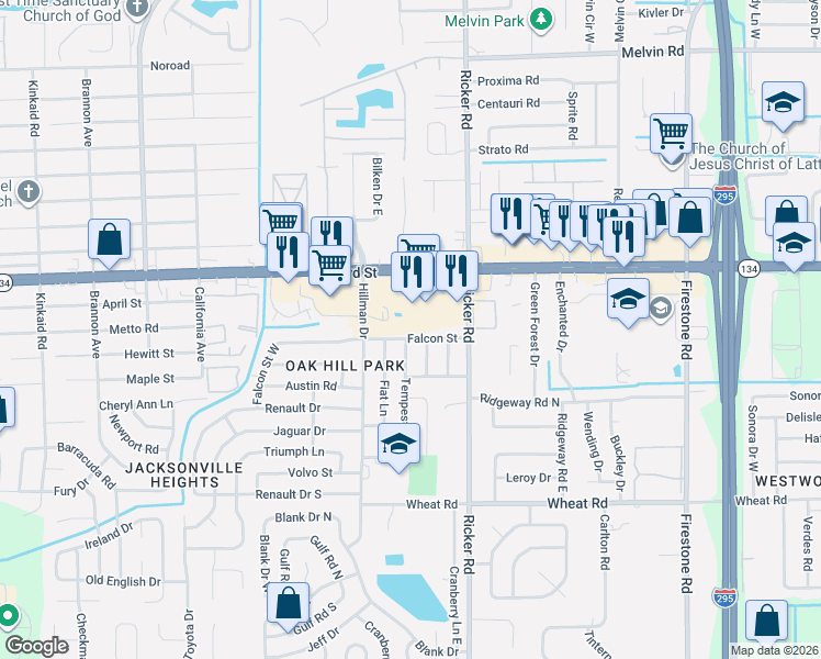 map of restaurants, bars, coffee shops, grocery stores, and more near 7715 Falcon Street in Jacksonville