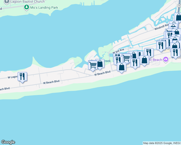 map of restaurants, bars, coffee shops, grocery stores, and more near 211 West Lagoon Avenue in Gulf Shores