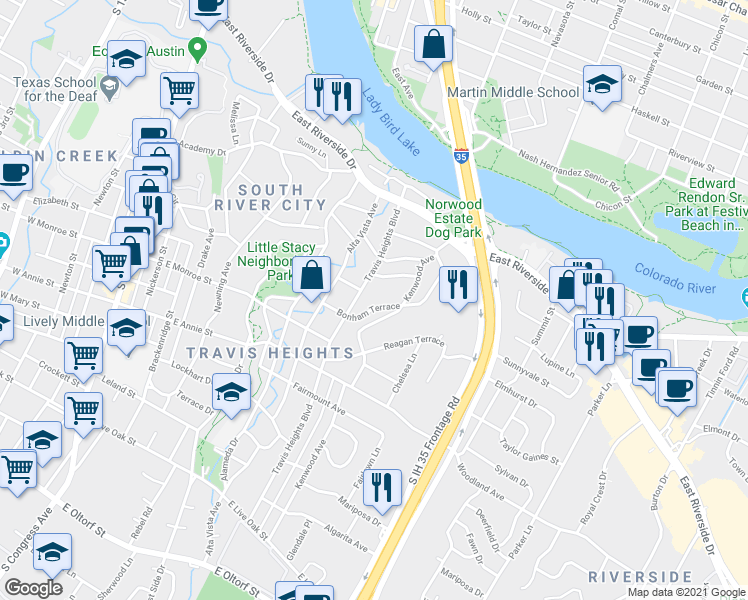 map of restaurants, bars, coffee shops, grocery stores, and more near 1014 Bonham Terrace in Austin
