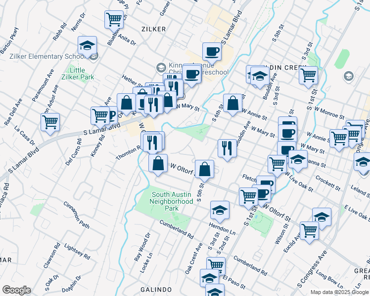 map of restaurants, bars, coffee shops, grocery stores, and more near 1201 West Live Oak Street in Austin