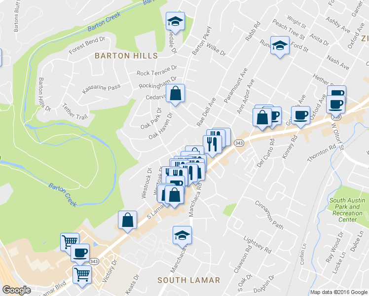 map of restaurants, bars, coffee shops, grocery stores, and more near 2307 Barton Village Circle in Austin