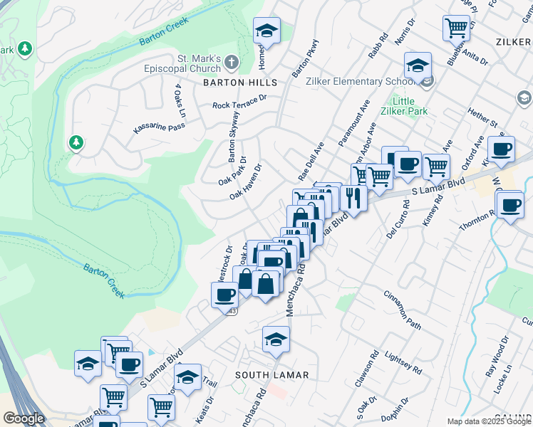 map of restaurants, bars, coffee shops, grocery stores, and more near 2307 Barton Village Circle in Austin