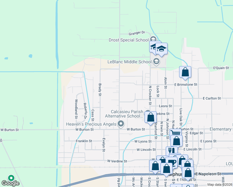 map of restaurants, bars, coffee shops, grocery stores, and more near 655 N Claiborne St in Sulphur
