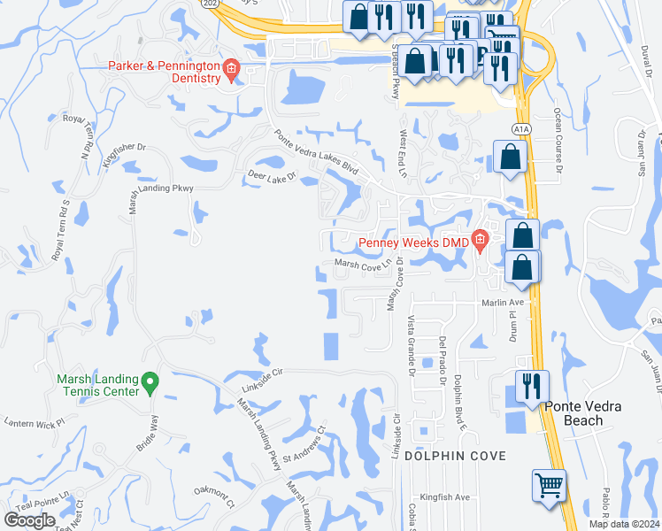 map of restaurants, bars, coffee shops, grocery stores, and more near 741 Marsh Cove Lane in Ponte Vedra Beach
