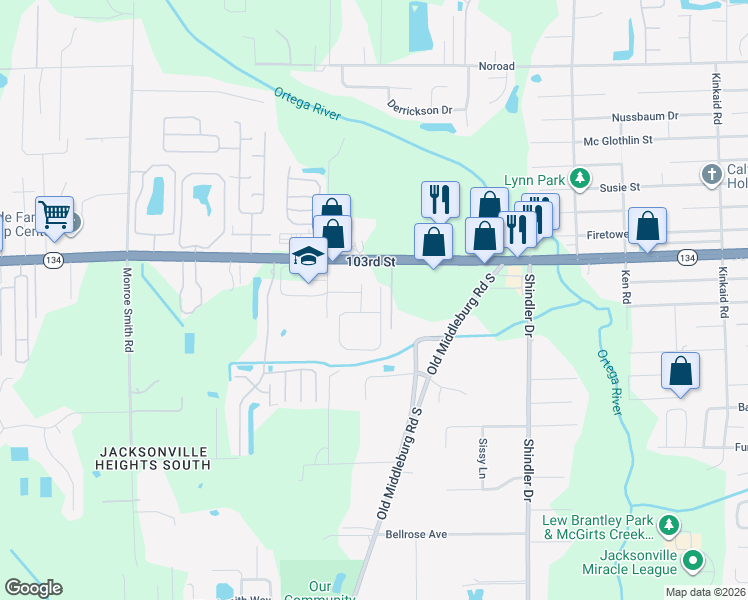 map of restaurants, bars, coffee shops, grocery stores, and more near 5482 Old Colony Drive in Jacksonville