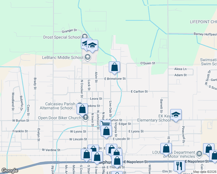 map of restaurants, bars, coffee shops, grocery stores, and more near 811 Live Oak St in Sulphur
