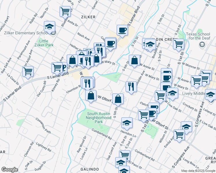 map of restaurants, bars, coffee shops, grocery stores, and more near 1201 West Live Oak Street in Austin