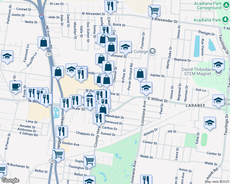 map of restaurants, bars, coffee shops, grocery stores, and more near 201 East Pine Street in Lafayette