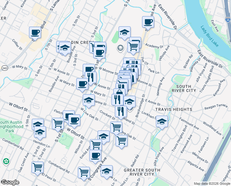 map of restaurants, bars, coffee shops, grocery stores, and more near 1802 Eva Street in Austin