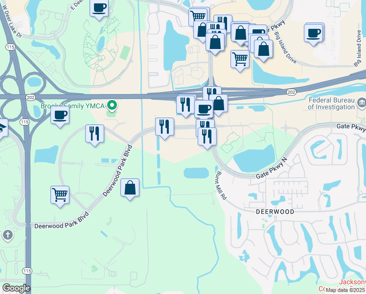 map of restaurants, bars, coffee shops, grocery stores, and more near 10640 Satori Lane in Jacksonville