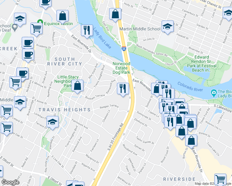 map of restaurants, bars, coffee shops, grocery stores, and more near 1327 Bonham Terrace in Austin