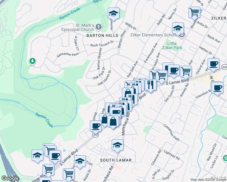map of restaurants, bars, coffee shops, grocery stores, and more near 2307 Barton Village Circle in Austin