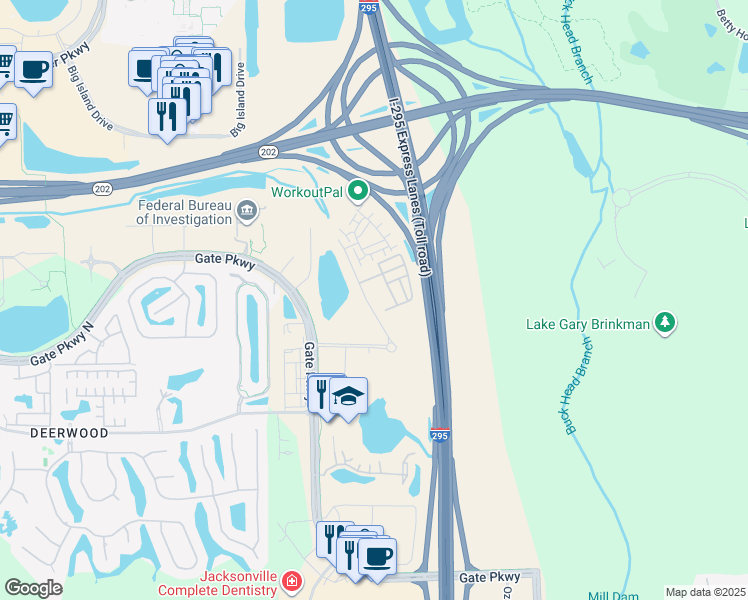 map of restaurants, bars, coffee shops, grocery stores, and more near 6061 Gate Parkway in Jacksonville