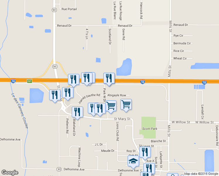 map of restaurants, bars, coffee shops, grocery stores, and more near 806 I-10 South Frontage Road in Scott