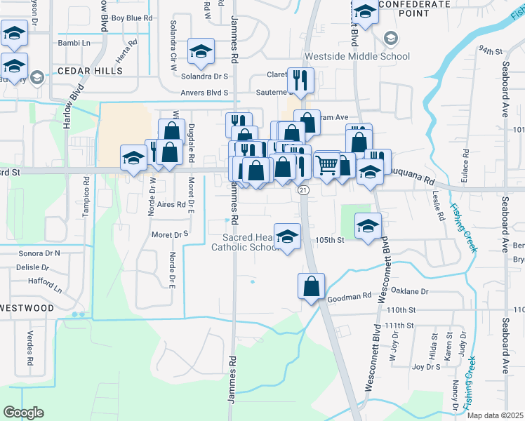 map of restaurants, bars, coffee shops, grocery stores, and more near 6317 Delacy Road in Jacksonville
