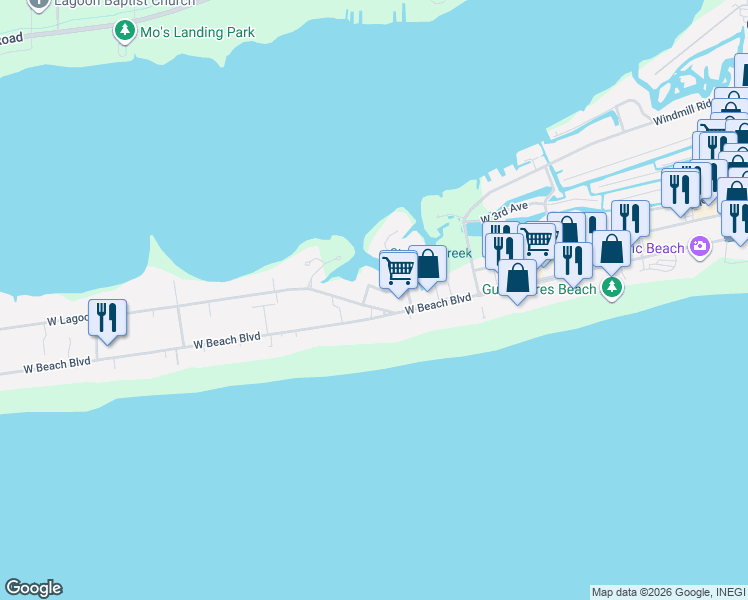 map of restaurants, bars, coffee shops, grocery stores, and more near 920 West Lagoon Avenue in Gulf Shores