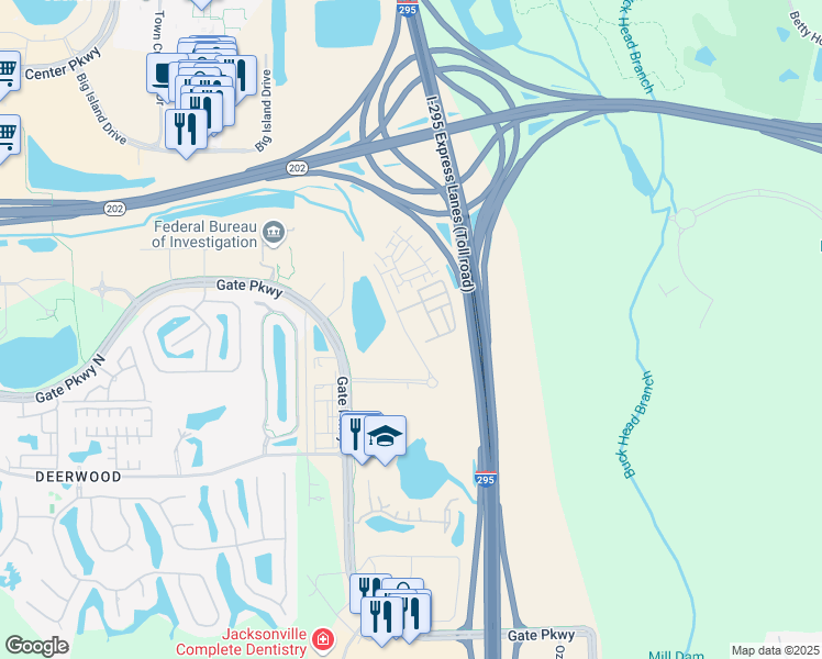 map of restaurants, bars, coffee shops, grocery stores, and more near 7385 Park Village Drive in Jacksonville