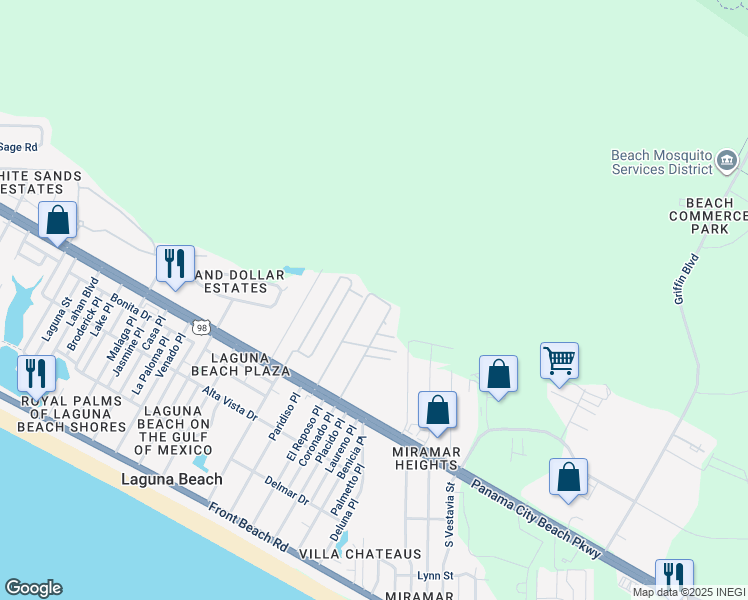 map of restaurants, bars, coffee shops, grocery stores, and more near 570 Sandy Lane in Panama City Beach