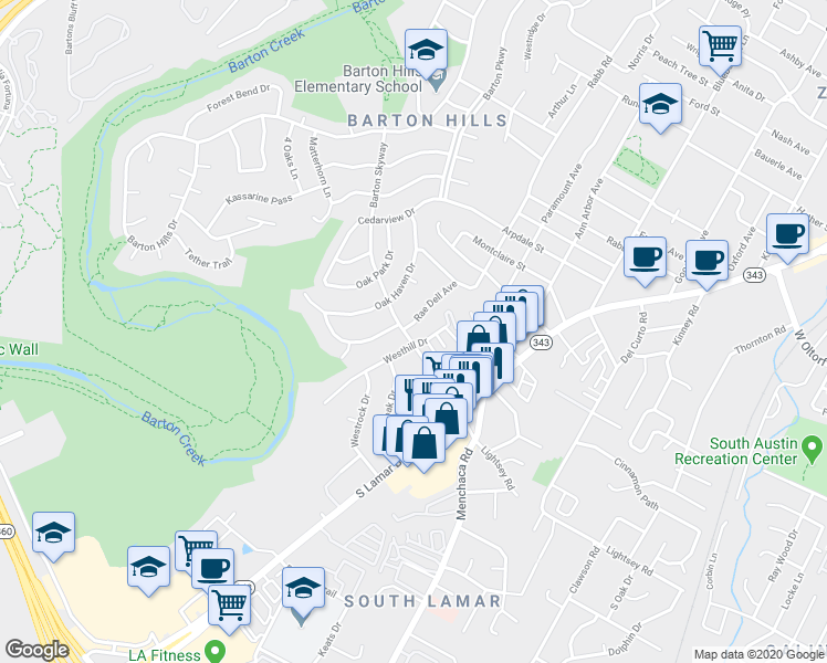 map of restaurants, bars, coffee shops, grocery stores, and more near 2809 Rae Dell Avenue in Austin