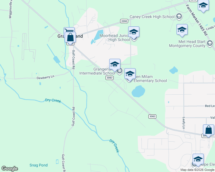 map of restaurants, bars, coffee shops, grocery stores, and more near 16283 Farm to Market Road 3083 in Conroe