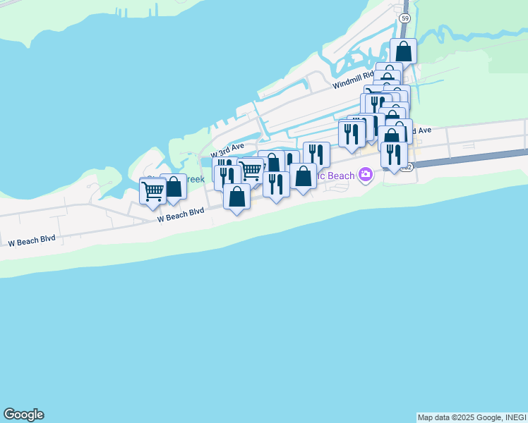 map of restaurants, bars, coffee shops, grocery stores, and more near 507 West Beach Boulevard in Gulf Shores