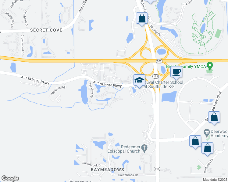 map of restaurants, bars, coffee shops, grocery stores, and more near 8235 Lobster Bay Court in Jacksonville