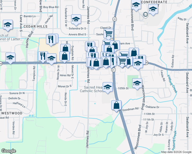 map of restaurants, bars, coffee shops, grocery stores, and more near 6317 Delacy Road in Jacksonville