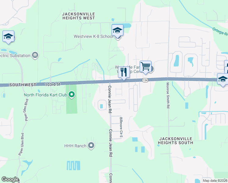 map of restaurants, bars, coffee shops, grocery stores, and more near 5485 Connie Jean Road in Jacksonville
