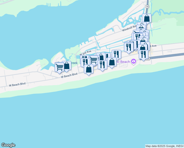 map of restaurants, bars, coffee shops, grocery stores, and more near 621 West Beach Boulevard in Gulf Shores